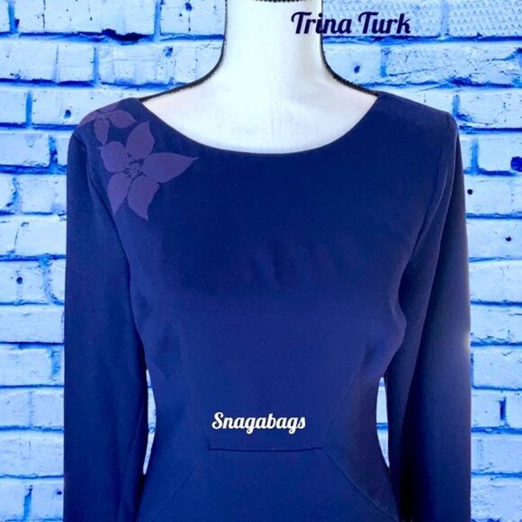 TRINA TURK NWT ENGAGING BELL SLEEVE MESH EMBROIDERY BACK SHEATH DRESS PURPLE 4 - Picture 3 of 12